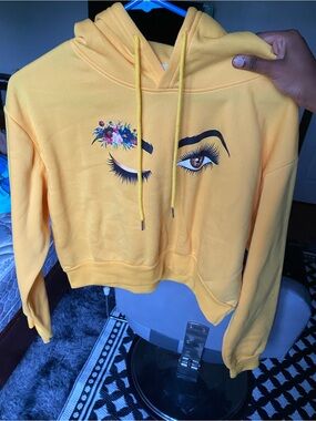 Yellow Floral Winking Eye Hoodie Crop Top